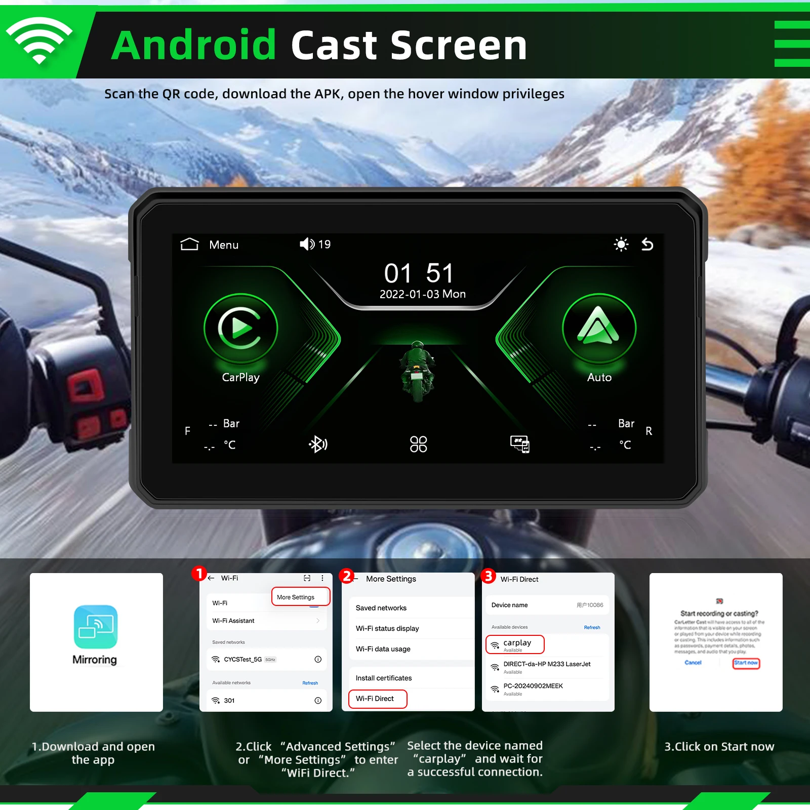 Podofo Carplay Motorrad-Monitor Kabelloses Android Auto Airplay IP68 Wasserdichter Tragbarer Monitor Reifendruckerkennung (Optional) – Detail 2