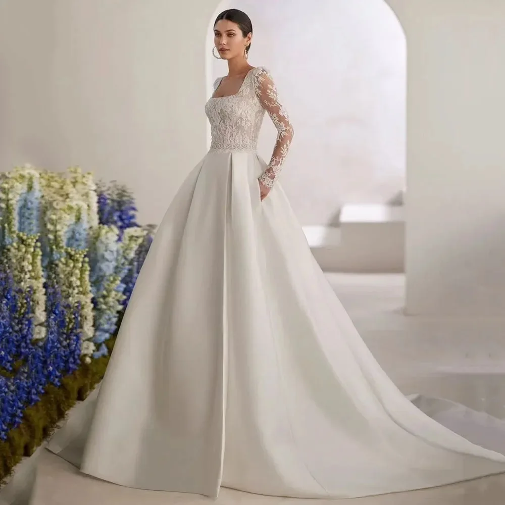

Customize Lace A-line Satin Wedding Dress Pockets Open Back Long Sleeve Women Princess Brides Wedding Gown vestidos de novia