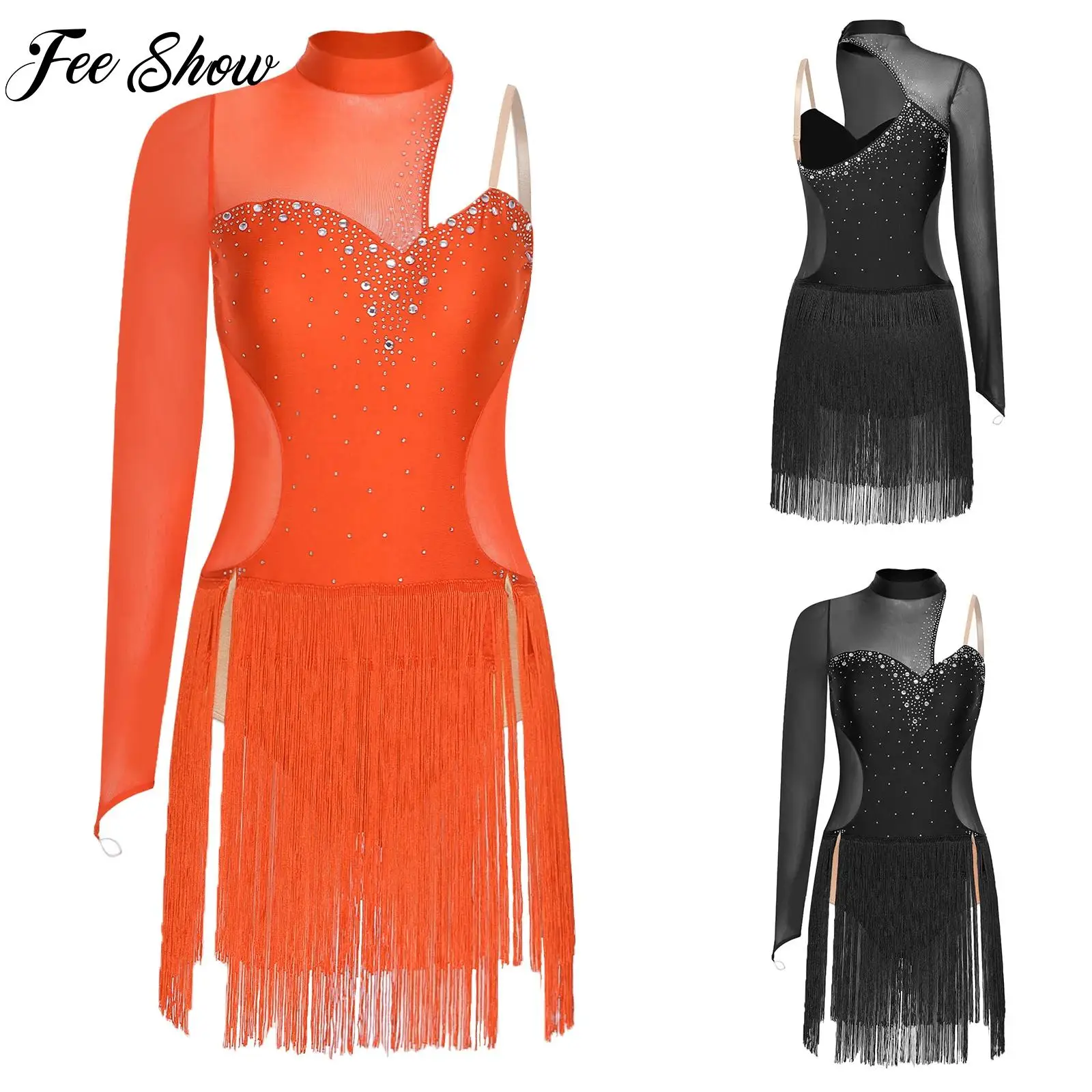 

2025 Womens Sparkly Rhinestones Latin Tango Cha-cha Dress Lyrical Figure Skating Costume Asymmetrical Fringed Mesh Dance Dress