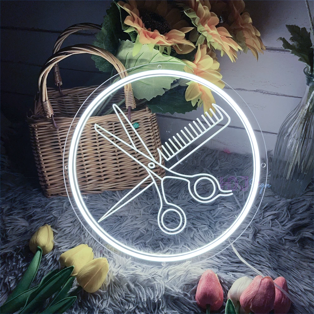 Hair Salon Neon Sign Light 3D Gravação Neon LED Sign Barber Shop Light Up Sign Aberto Bem-vindo LED Neon Light Hair Room Decor Wall