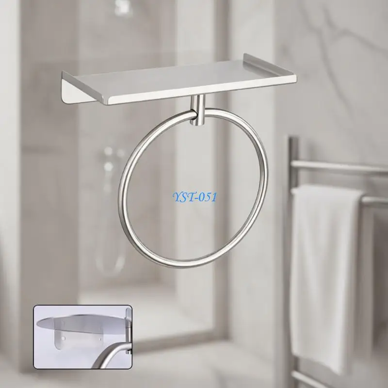 

E15A Stainless Steel Bathroom Towel Circlet Holder With Shelf For Small Space Storage