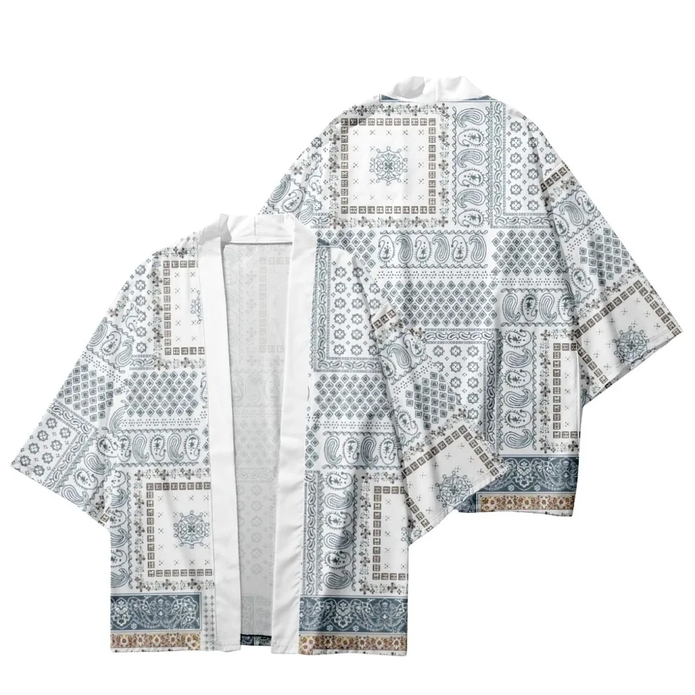 

Fashion White Cashew Print Shirts Japanese Streetwear Haori Traditional Cardigan Men Kimono Summer Beach Yukata Asian Clothing