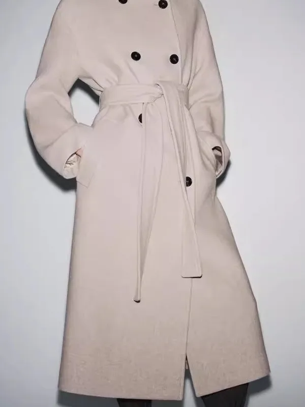 

Faionable Loose High Collar Coat New Autumn Winter Women's Wear Ele Long Sve Mid-Length Double-Breasted Coat