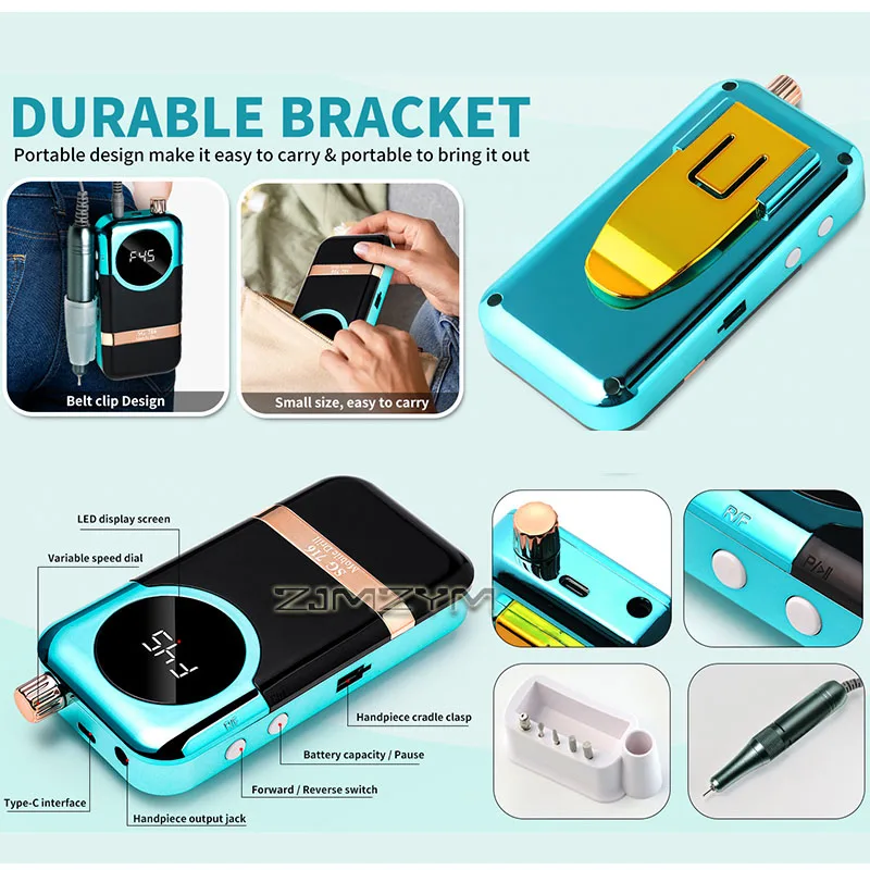 Professional 45000RPM Cordless Nail Drill Machine Rechargeable Electric Nail File Set for Acrylic Gel Nails Salon Home Use