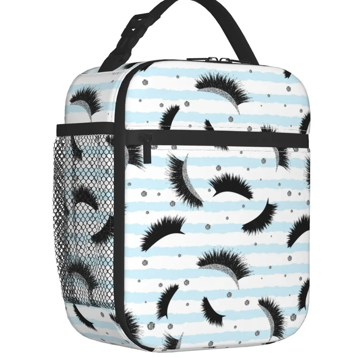 Eyelash Eyes Thermal Insulated Lunch Bags Silver Lashes Seamless Blue Stripes Portable Lunch Tote for Kid Multifunction Food Box