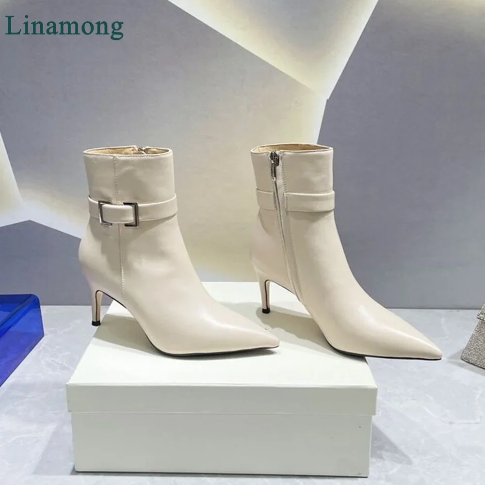 

Женские кожаные ботинки с острым носком, на тонком высоком каблуке, с металлической пряжкой и молнией сбоку, элегантная Дизайнерская обувь, новинка 2024
