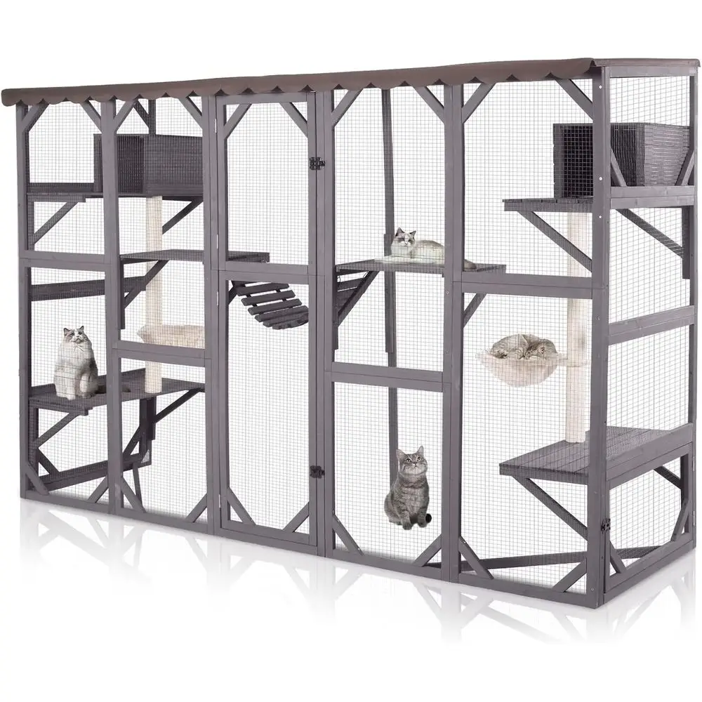 

Уличный настенный вольер для кошек на 6-8 голов: всепогодная крыша, 2 гамака, 2 стойки для когтей, мостик