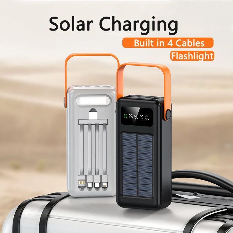 50000mAh Outdoor Solar Power Bank Four USB Port Portable Charger for iPhone 16 Xiaomi Samsung Powerbank with Cable Camping Light