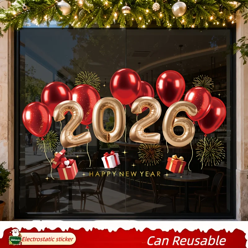 1pc Happy New Year 2026 Christmas Decorative Sticker Glass Window Static Sticker Merry Xmas Shopping Center Shop Deco Sticker view 3