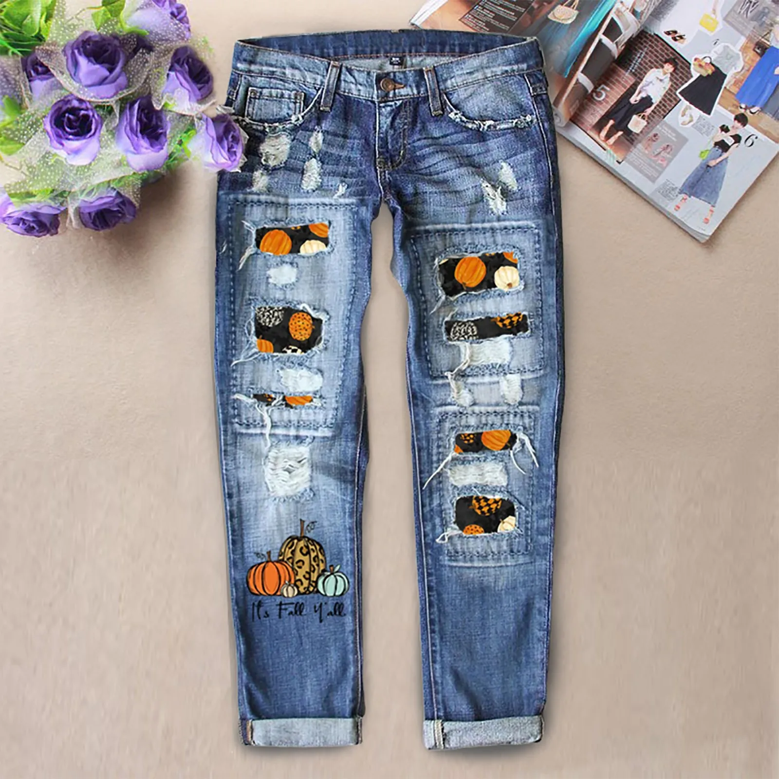 

Cotton Denim Jeans Men Women Halloween Print Ripped Straight Leg Pants Slim Fit Waistband Nine-Quarter Pants Rolled Casual Pants