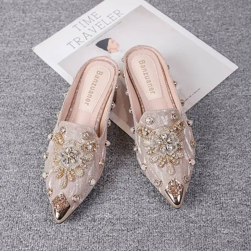 Mules Shoes Women Sandals Ladies Elegant Rhinestone Designer Mirror Luxury Party Slipper Summer New 2024 Slippers Fashion Roman