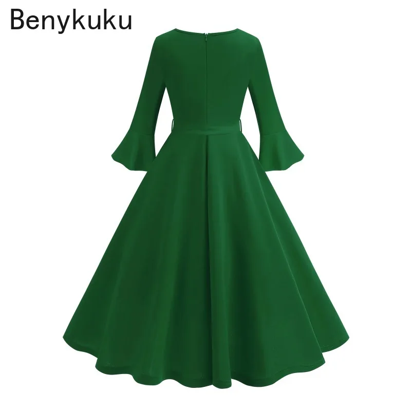 Solid Green Red O-Neck Flare Sleeve Elegant Midi Length Swing Dresses Belted Fall Clothes 2024 Women Christmas Vintage Dress