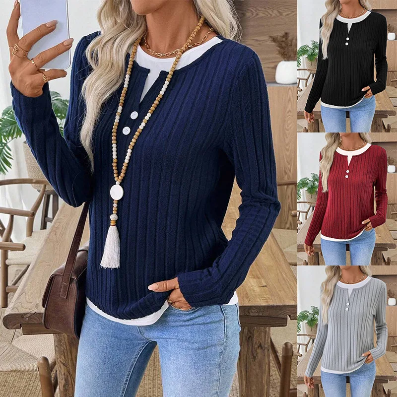 2025 Camisetas Mujer Round Neck Button Fake Two-piece Slim Fit Versatile Long-sleeved Pullover Women's Autumn Winter New T-shirt