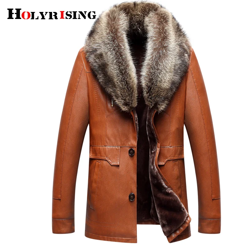 

Holyrising Men Faux Leather Jackets Winter Thicken Coat jaqueta de couro chaqueta PU Raccoon fur Colla coat 18617-5