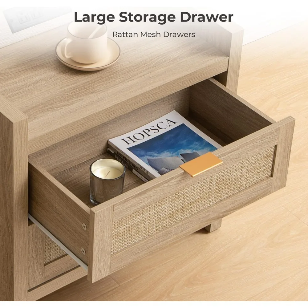 مجموعة منضدة الروطان المطورة بالكامل مكونة من طاولتين بجانب السرير - حامل ليلي لغرفة النوم مع محطة شحن من النوع C، درجين