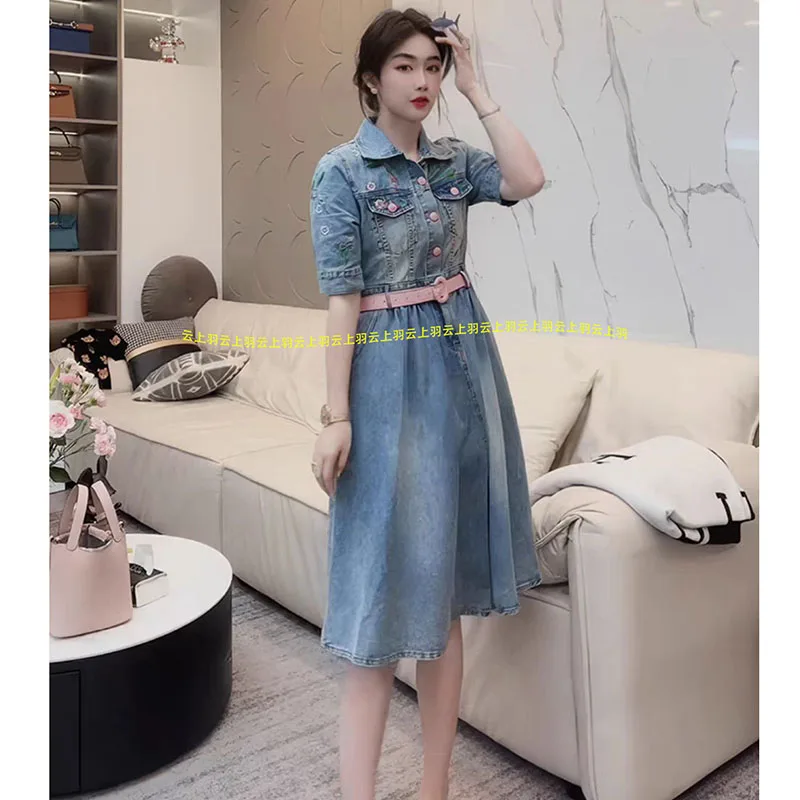 2023 New Women\'s Exquisite French Denim Dress With A Sense Of Niche Design 2023 Summer Embroidered Female with Long Dress Belt