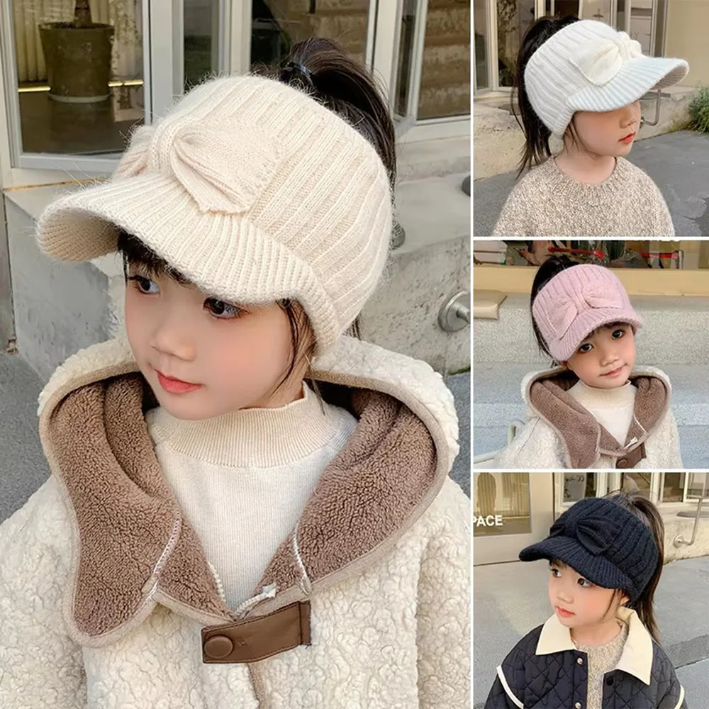 

Cute Bow Wool Empty Top Hat Baby Winter Warm Toddler Knitted Cap Solid Color Bowknot Girls Ponytail Caps For Kids 3-10 Year