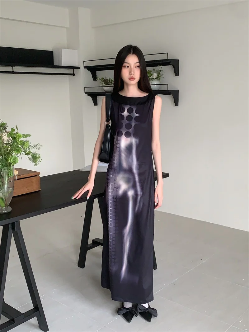 CHEERART X-Ray Cyber Y2k Fashion Sleevless Tank Dress For Women 2023 Black Boat Neck Print Long Midi Dress Fashion Clothing