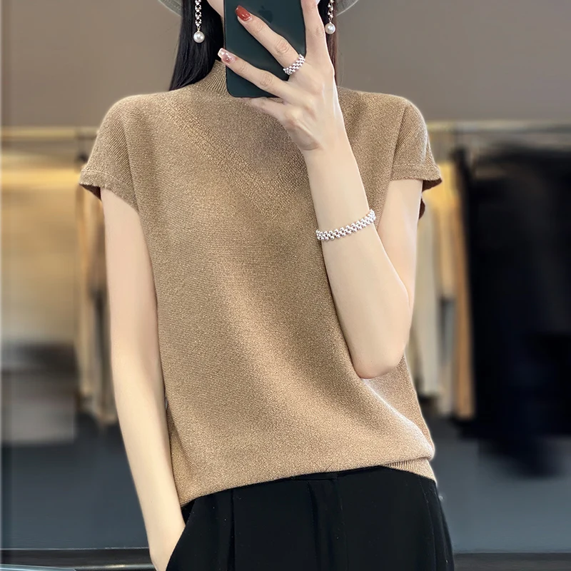 Women's T-shirt summer wool high-end luxury sweater short sleeved casual semi high neck top slim fit fashionable pullover