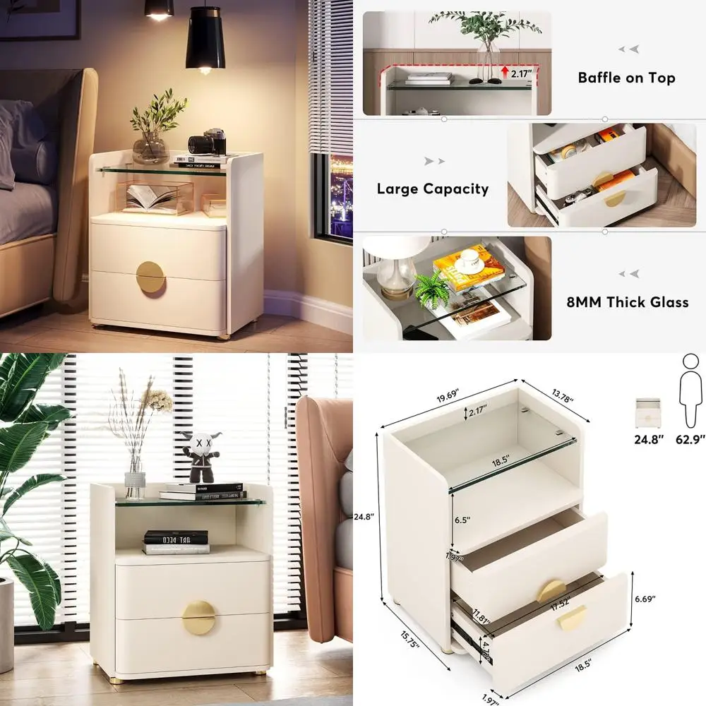 beige 2-drawer nightstand with tempered glass top and single-drawer bedside table