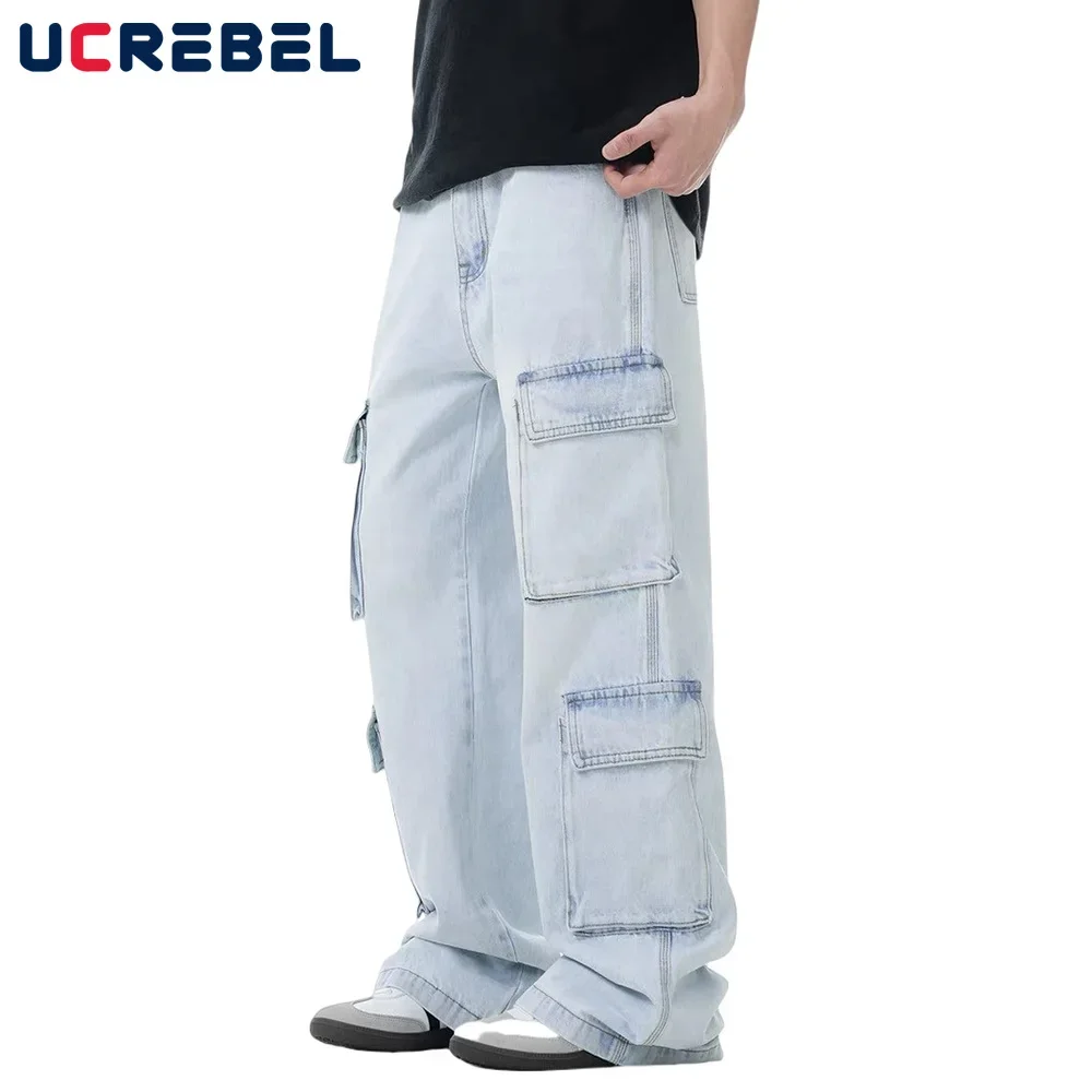 

Vintage High Street Jeans Mens Multi-Pocket Washed Distressed Loose Straight Denim Wide Leg Pants Men