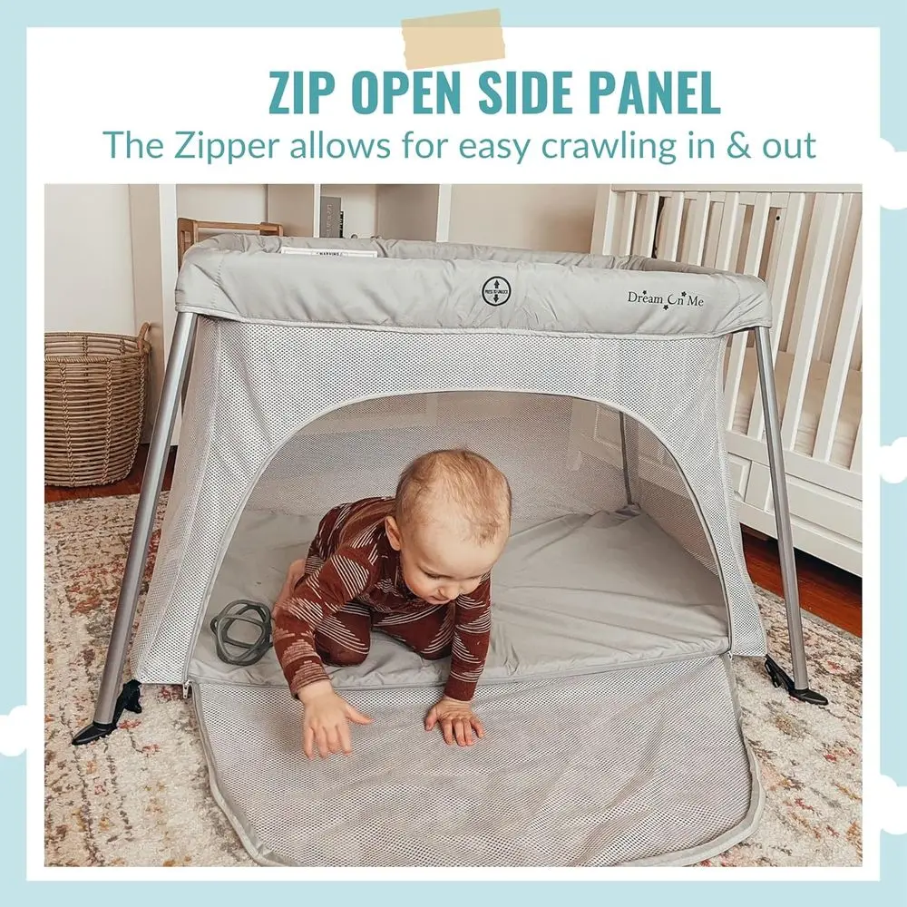روضة أطفال محمولة مع باب بسحاب، جوانب شبكية، مرتبة مريحة، تصميم قابل للطي، حقيبة سفر متضمنة - رمادي