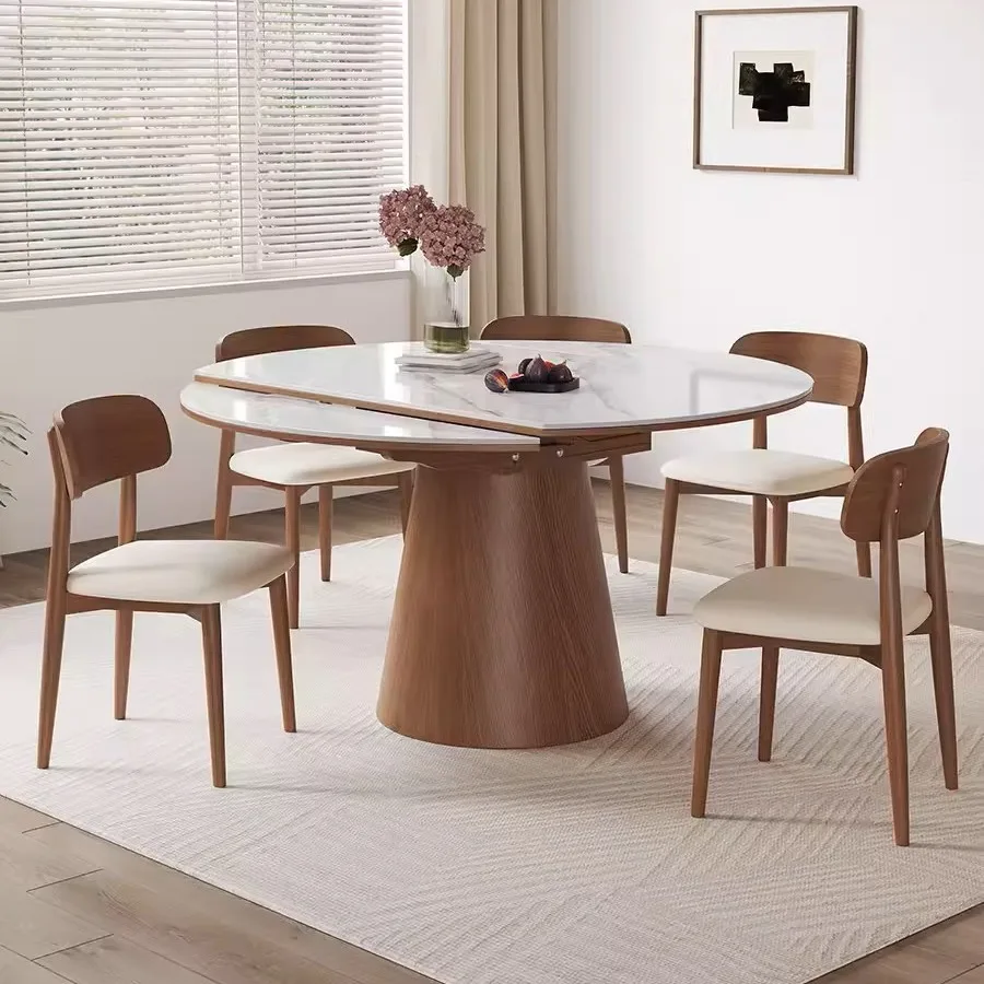 xx-New Modern Round Rock Plate Solid Wood Retractable Foldable Induction Cooker Dual-Use Dining Table for Household*