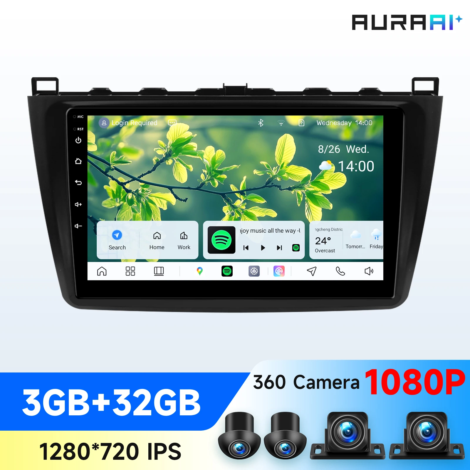 Autoradio Android AURAAI pour Mazda 6 2007-2012, Carplay sans fil, écran tactile intelligent, multimédia 8 cœurs, caméra 360°, GPS automatique