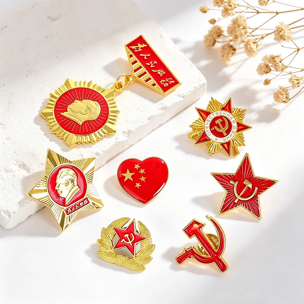 1pc Red Pentagram Brooch Hammer Sickle Emblem Lapel Pin Patriotic Badge Soviet Enamel Pin Cufflinks Cap Clothes Jewelry Decor