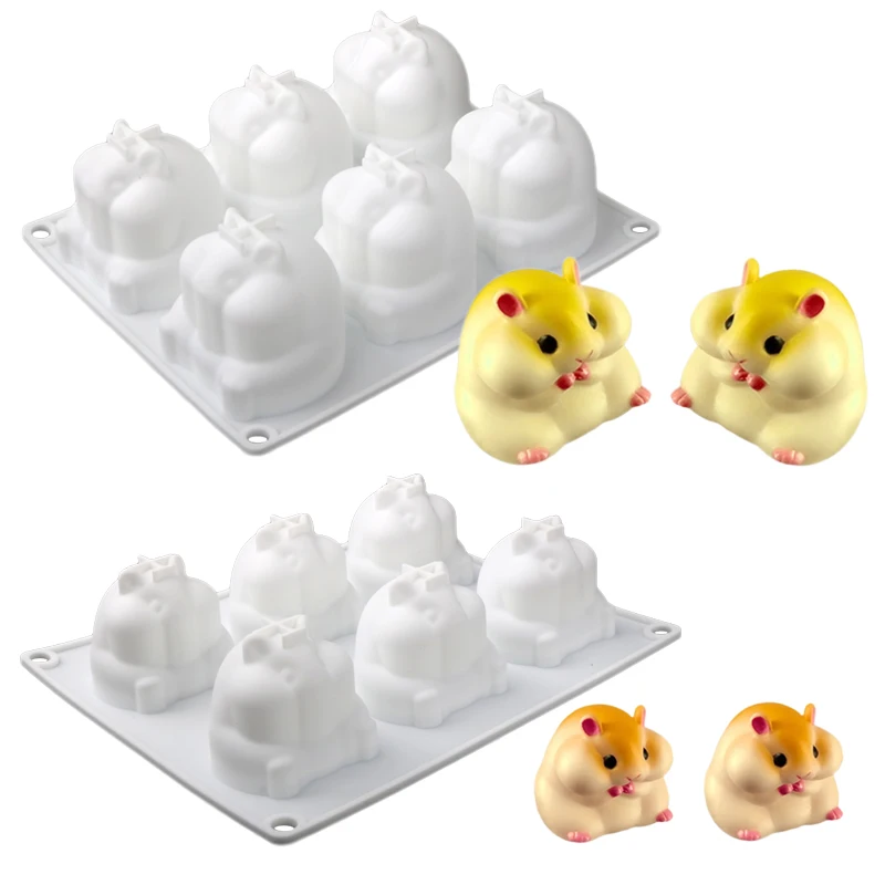 6 Cell Cute Sitting Hamster Design Mousse Cake Mold Soap Mould Silicone Blancmange Mold Kitchen Bakeware Dessert Tools