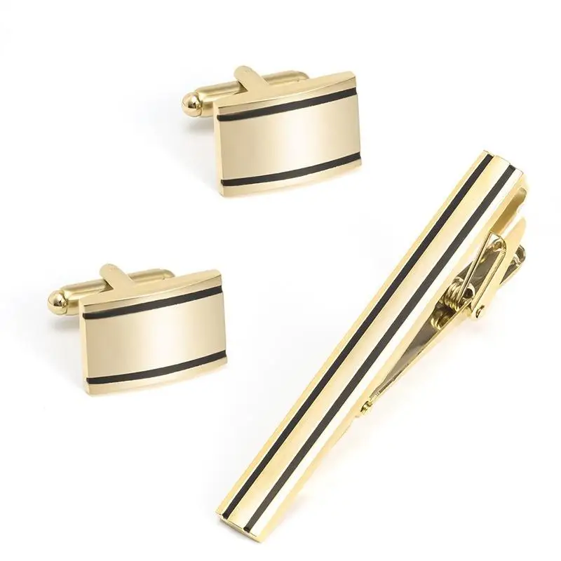 French Golden Striped Smooth Brushed Enamel Cufflink Tie Clip Set Business Conference Suit Collar French Shirt Buttons