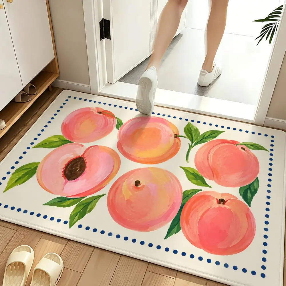 Watercolor Tropical Fruits with Peach Melon Citrus Floor Mat Soft Flannel Non Slip Absorbent Entryway Bathroom Bedroom Garage