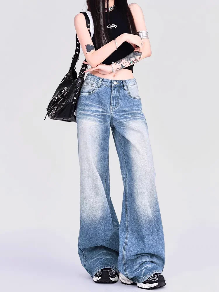 Women's Cat Beard Pattern Wide Leg Straight Jeans Street Vintage Cool Girl High Waist Baggy Pants Female Casual Denim Trousers