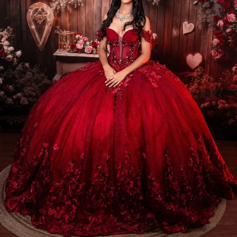 

Блестящие красные платья Quinceanera с бабочками, роскошные тюлевые платья с открытыми плечами, милые платья Vestidos De 15, вечерние платья по индивидуальному заказу