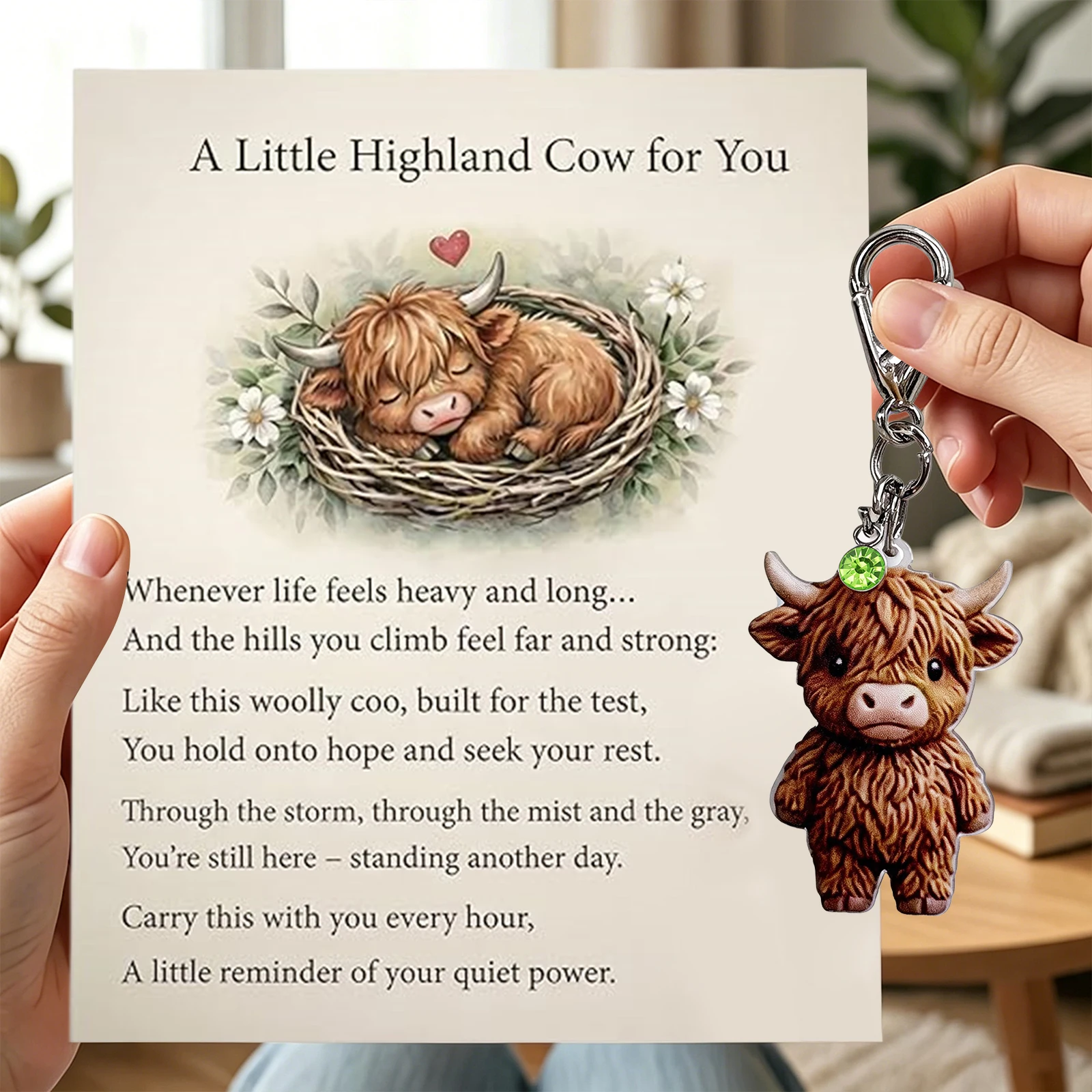A Little Highland Cow for You Highland Cow Keychain with Sentiment Card Birthstone Charm for Women Animal Lovers Backpack Purse