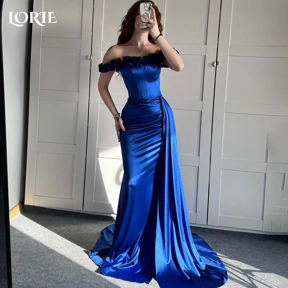 

LORIE Royal Blue Evening Dresses Flower Off Shoulder Prom Dress Ruched Backless Women Clebrity Party Gown 2024Club Party Dresses