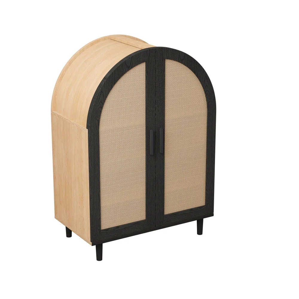 Elegantes Sideboard/Schuhschrank mit abgerundeten Außentüren, gebrochenen Rattan und drei Regalen. – Detail 22