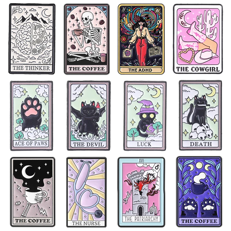 Tarot Card Enamel Pins THE DEVIL Black Cat The Coffee The Nurse The Thinker The ADHD Brooches Lapel Badges Jewelry Gifts