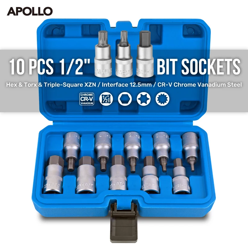 Apollo 10Pcs 1/2" Drive T/M/H-Type Hex Spline 12-Point Socket Set Combo Kit for Professional Mechanics Automotive Repair Tools
