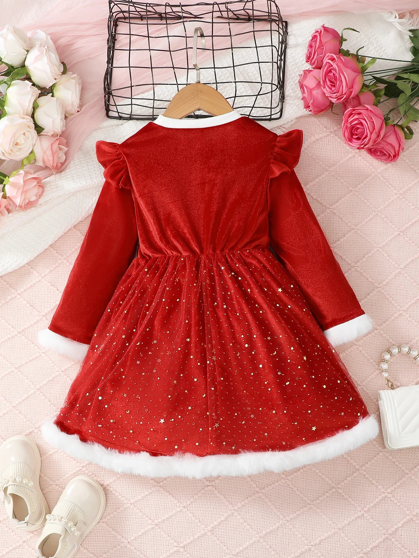 Christmas Dress for Kids Girls 4-7 Years Star Print Red Long Sleeves Dresses New Year Party Clothing Winter Daily Casual wear