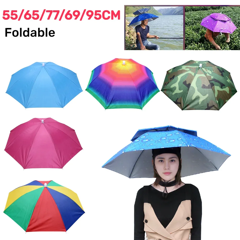 55/65/69/77/95cm Outdoor Fishing Caps Rain Umbrella Hat Foldable Fishing Sunshade Headwear Cap Waterproof Camping Beach Sun Hat