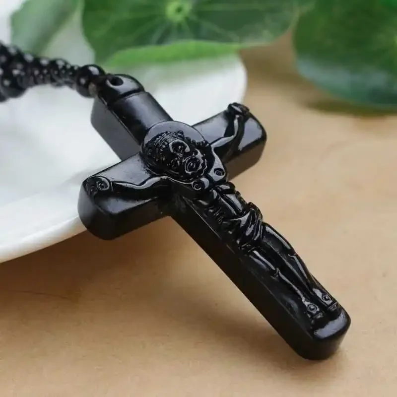 Natural Obsidian Hand-carved Cross Jade Pendant Fashion Boutique Jewelry Men and Women Jesus Cross Necklace