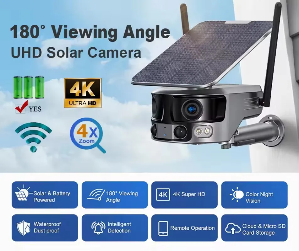 

4K Solar WiFi Camera Dual Lens 180° - No Fisheye, PIR Motion Tracking, 355° PTZ, 20M Color Night Vision, 18,000mAh Battery