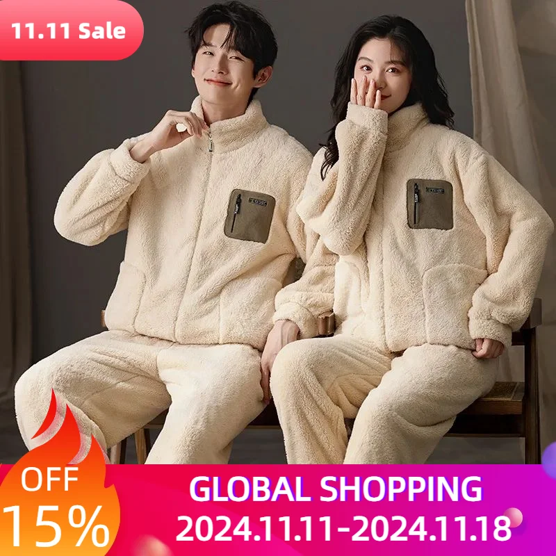 Coral Velvet Couple Pajamas Winter Thickened Warm Flannel Winter Homewear Suit Pocket Zipper Loose