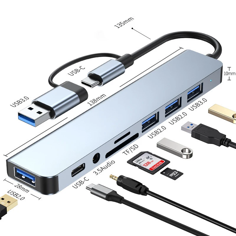 8 في 2 USB + نوع C HUB محطة إرساء مع 3.5 مللي متر الصوت مهايئ الرافعة مايكرو SD قارئ بطاقات الكمبيوتر المحمول اللوحي الهاتف القرص محول