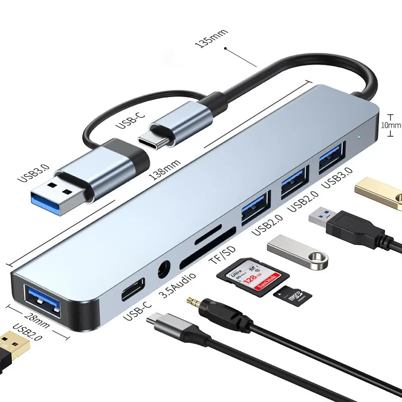 8 em 2 usb + tipo c hub docking station com adaptador de entrada de áudio de 3.5mm leitor de cartão micro sd portátil tablet conversor de disco de telefone