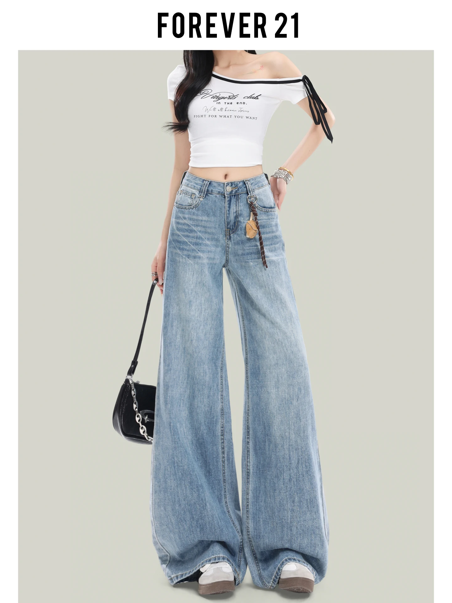 Jeans Azules Retro de Pierna Ancha y Corte Holgado Forever 21 para Mujer, Cintura Alta, Estilo Casual de Verano