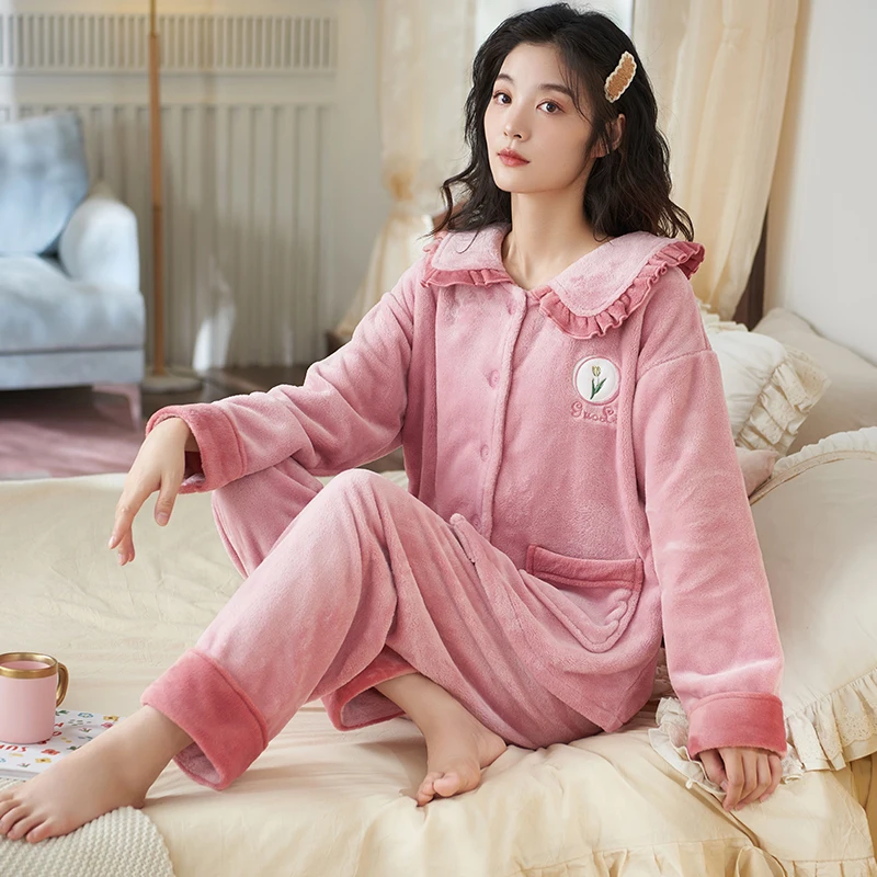 Newest Winter Warm Women Pajama Set Flannel Sleepwear Long Sleeve Turn-down Collar Nightwear