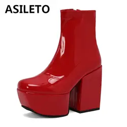 ASILETO stivaletti da donna in pelle verniciata punta quadrata tacchi grossi 12cm Platform Hill Zipper Plus Size 46 47 48 Sexy incontri Bota