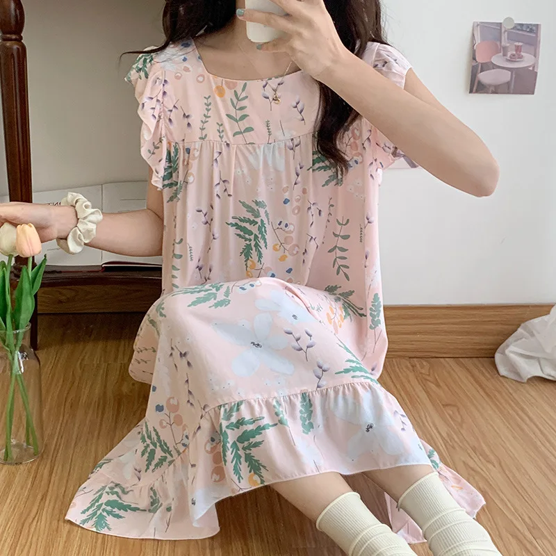 Sleeping Dress Women\'s Summer Nightgowns Thin Cotton Loose Sleeveless Nightdress Sweet Printed Girls Night Wear Home Clothing